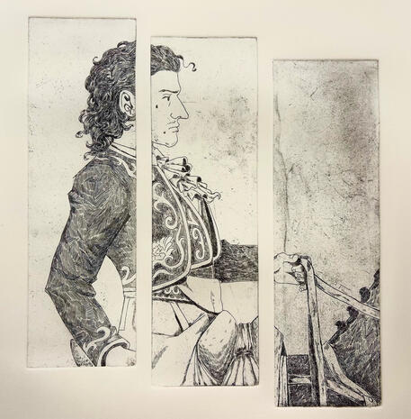 Valencio {12 x 13 Intaglio style print, 3 copper panels pressed onto stone hedge paper} - 2024